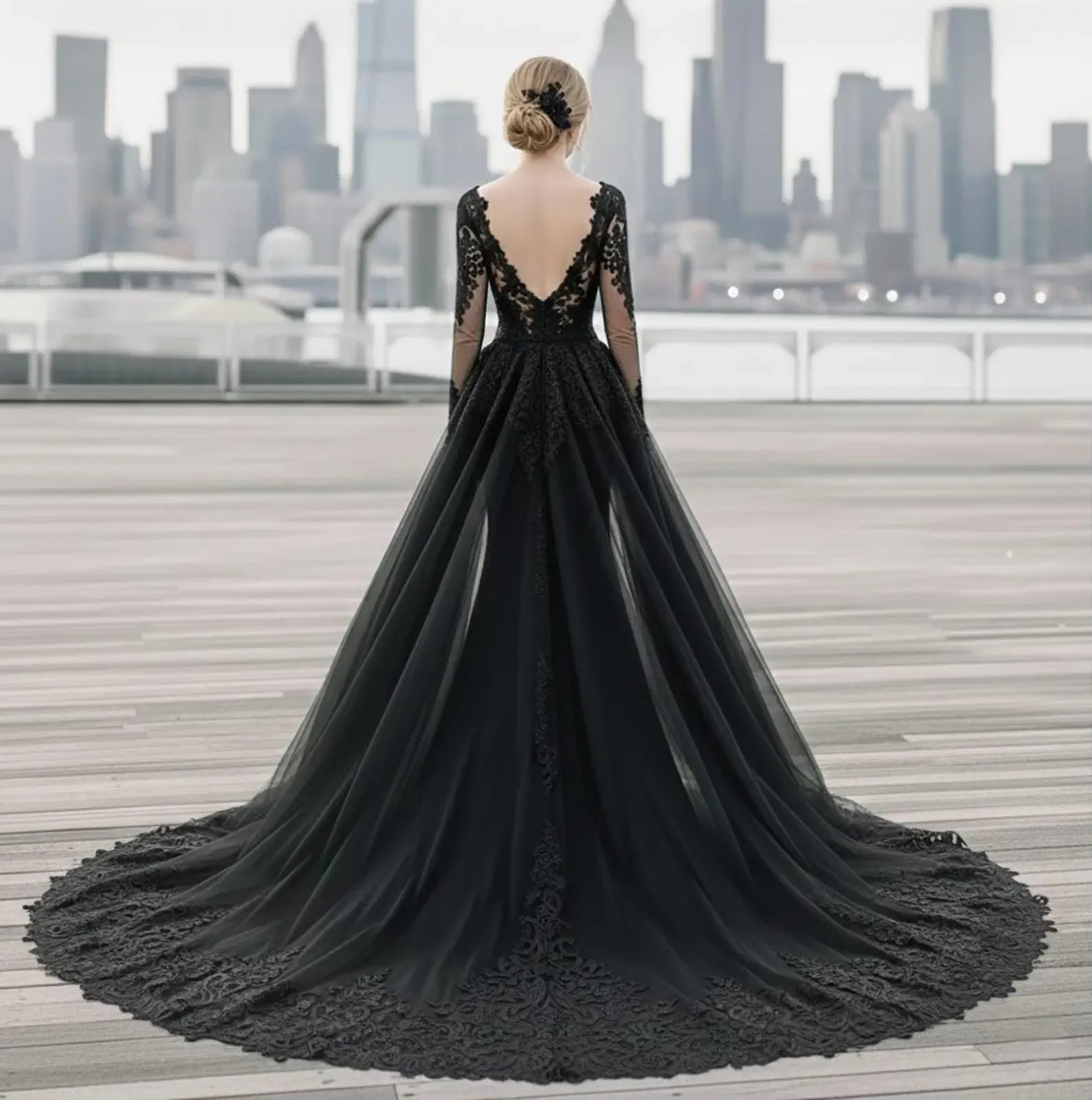 Goth Black Lace Wedding Dress Long Sleeves Mermaid with Train