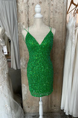 Green Sequin Homecoming Dresses V Neck Straps Bodycon Mini Hoco Dress