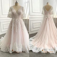 Half Sleeves Pink Plus Size Lace Wedding Dresses V Neck