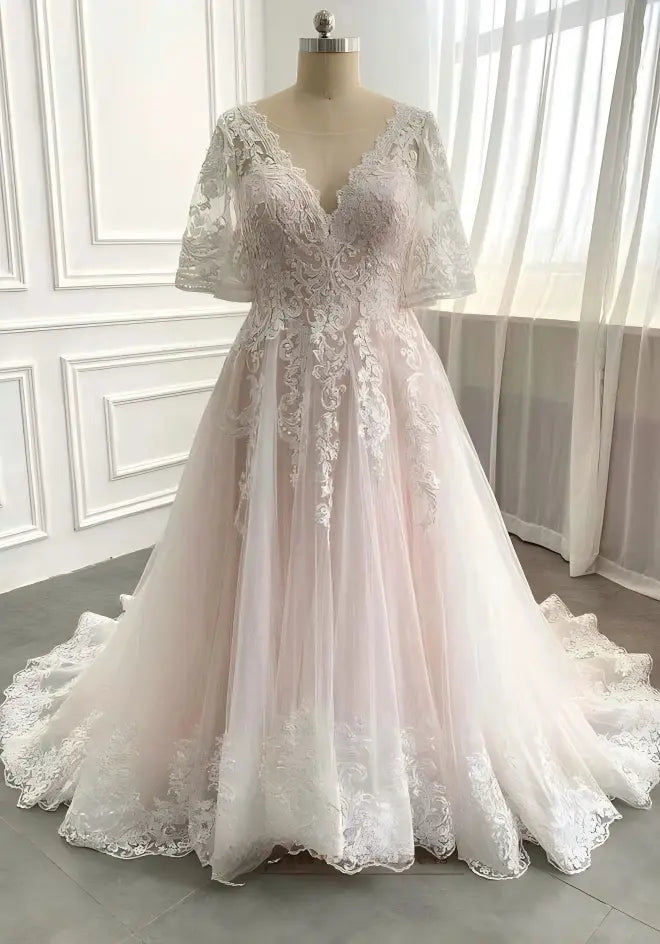 Half Sleeves Pink Plus Size Lace Wedding Dresses V Neck