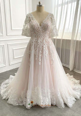 Half Sleeves Pink Plus Size Lace Wedding Dresses V Neck