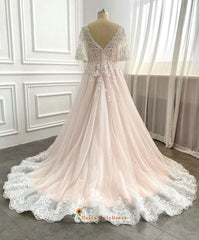 Half Sleeves Pink Plus Size Lace Wedding Dresses V Neck