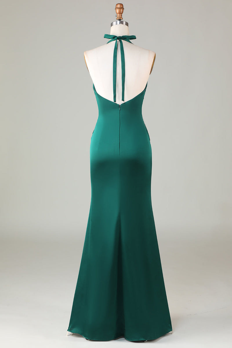 Halter Emerald Green Wedding Guest Dresses Ruched Mermaid Formal Dress - MyChicDress