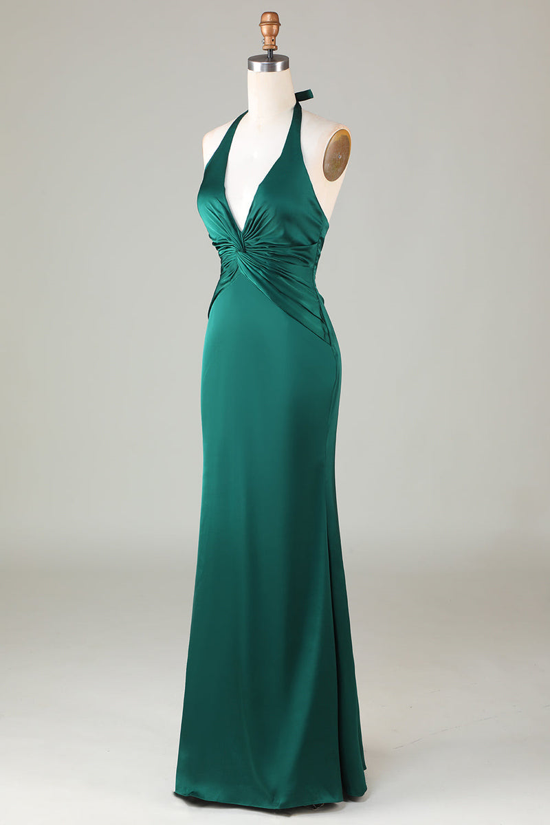 Halter Emerald Green Wedding Guest Dresses Ruched Mermaid Formal Dress - MyChicDress