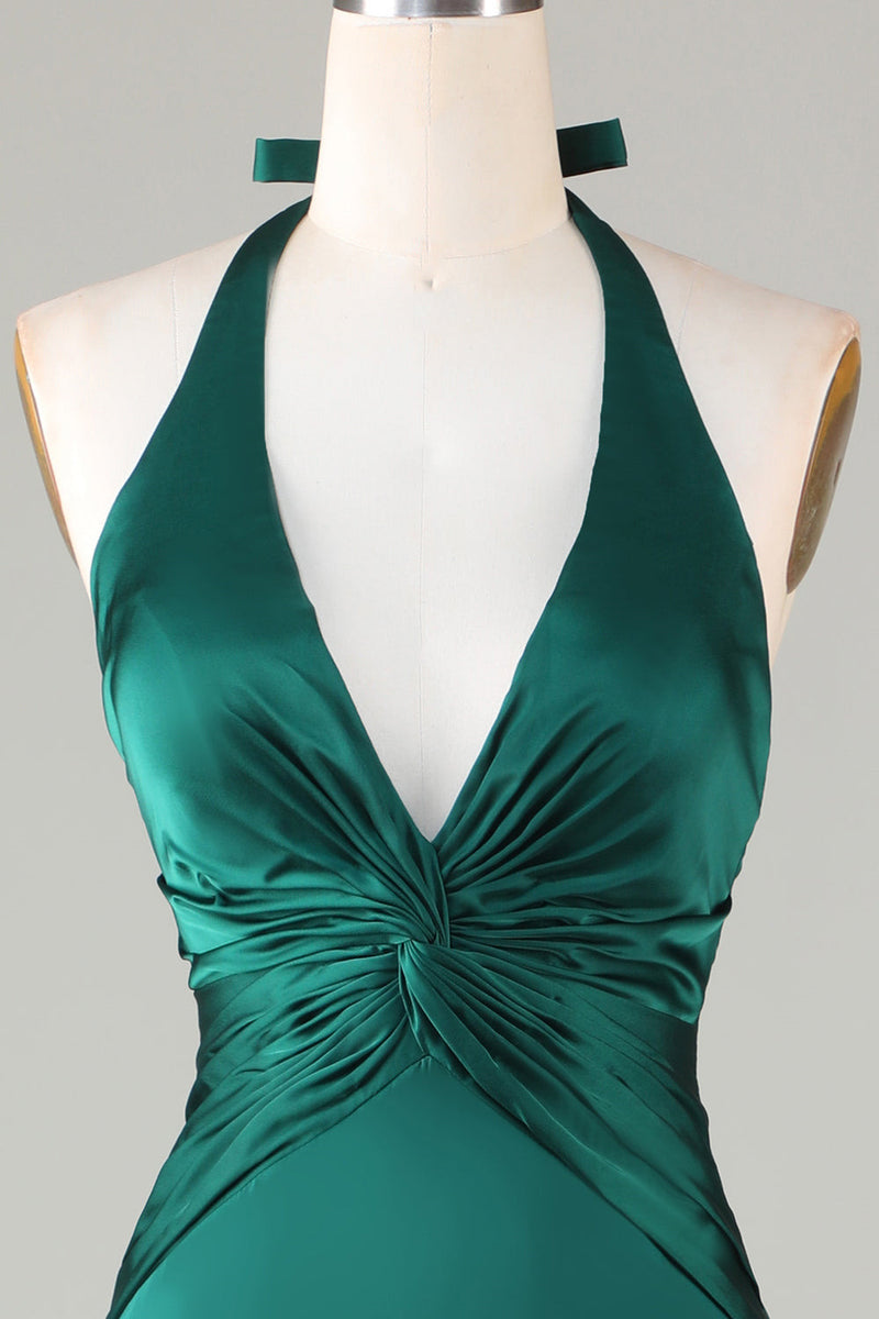 Halter Emerald Green Wedding Guest Dresses Ruched Mermaid Formal Dress - MyChicDress