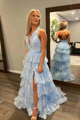 Halter Light Blue Long Prom Dresses Tiered Ruffle Appliques Formal Dress