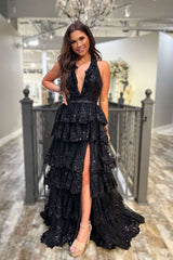 Halter Light Blue Long Prom Dresses Tiered Ruffle Appliques Formal Dress - MyChicDress