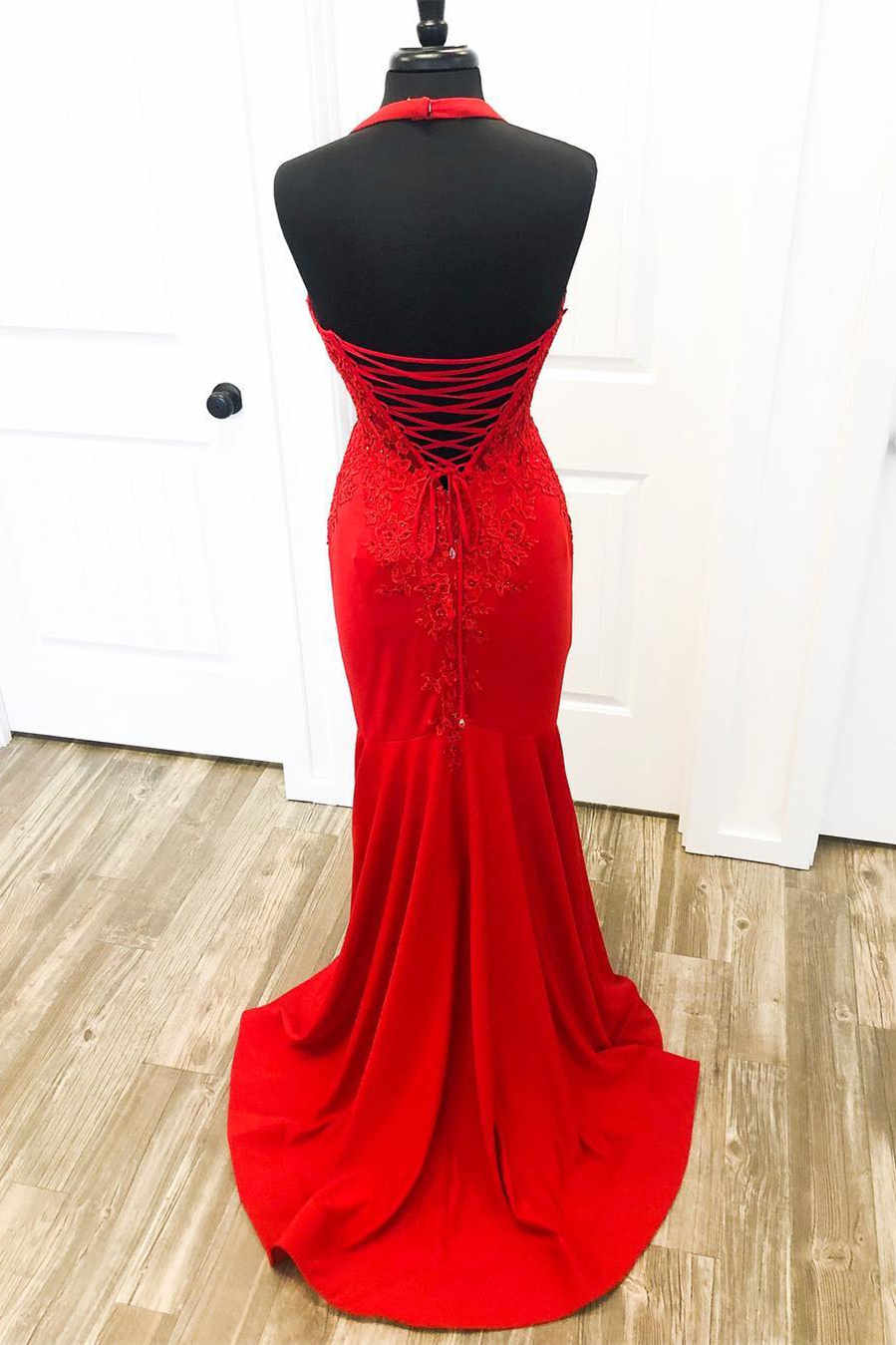 Long Mermaid Red Prom Dress 2024 Spaghetti Straps Appliques with