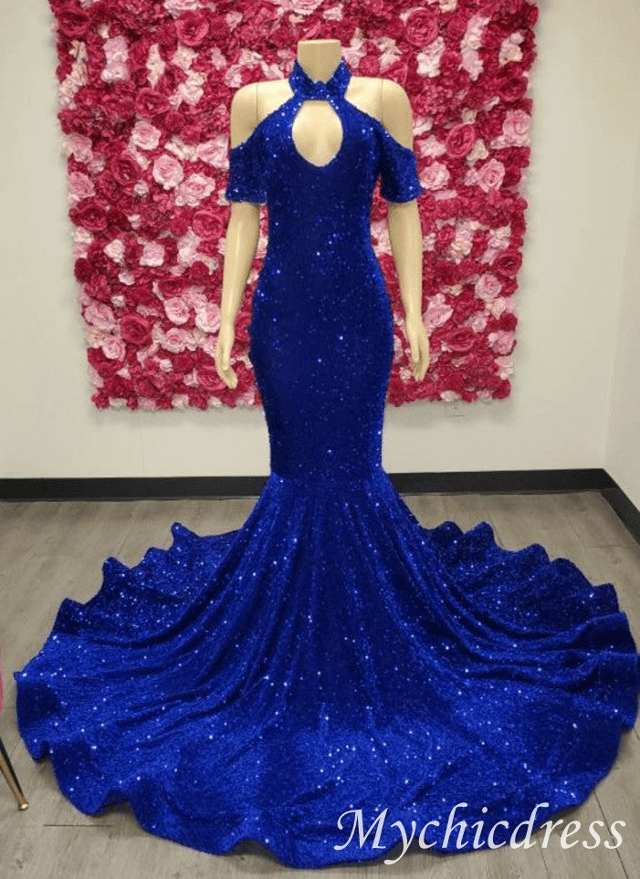 2024 Halter Royal Blue Prom Dresses Sequin