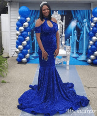 2025 Halter Royal Blue Long Prom Dresses Sequin Mermaid Evening Gown - MyChicDress