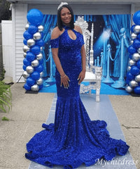 2024 Halter Royal Blue Long Prom Dresses Sequin Mermaid Evening Gown