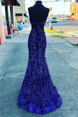 2024 Halter Royal Blue Sequin Evening Dresses UK Long Prom Dress