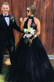 High Neck Gothic Wedding Dress Tulle Ball Gown Black Long Prom Dresses