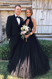 High Neck Gothic Wedding Dress Tulle Ball Gown Black Long Prom Dresses