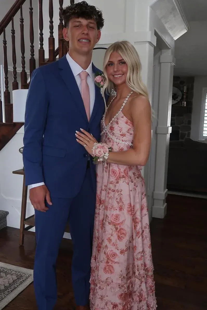 Hot Pink Floral Halter Long Prom Dress with Ruffles Beads