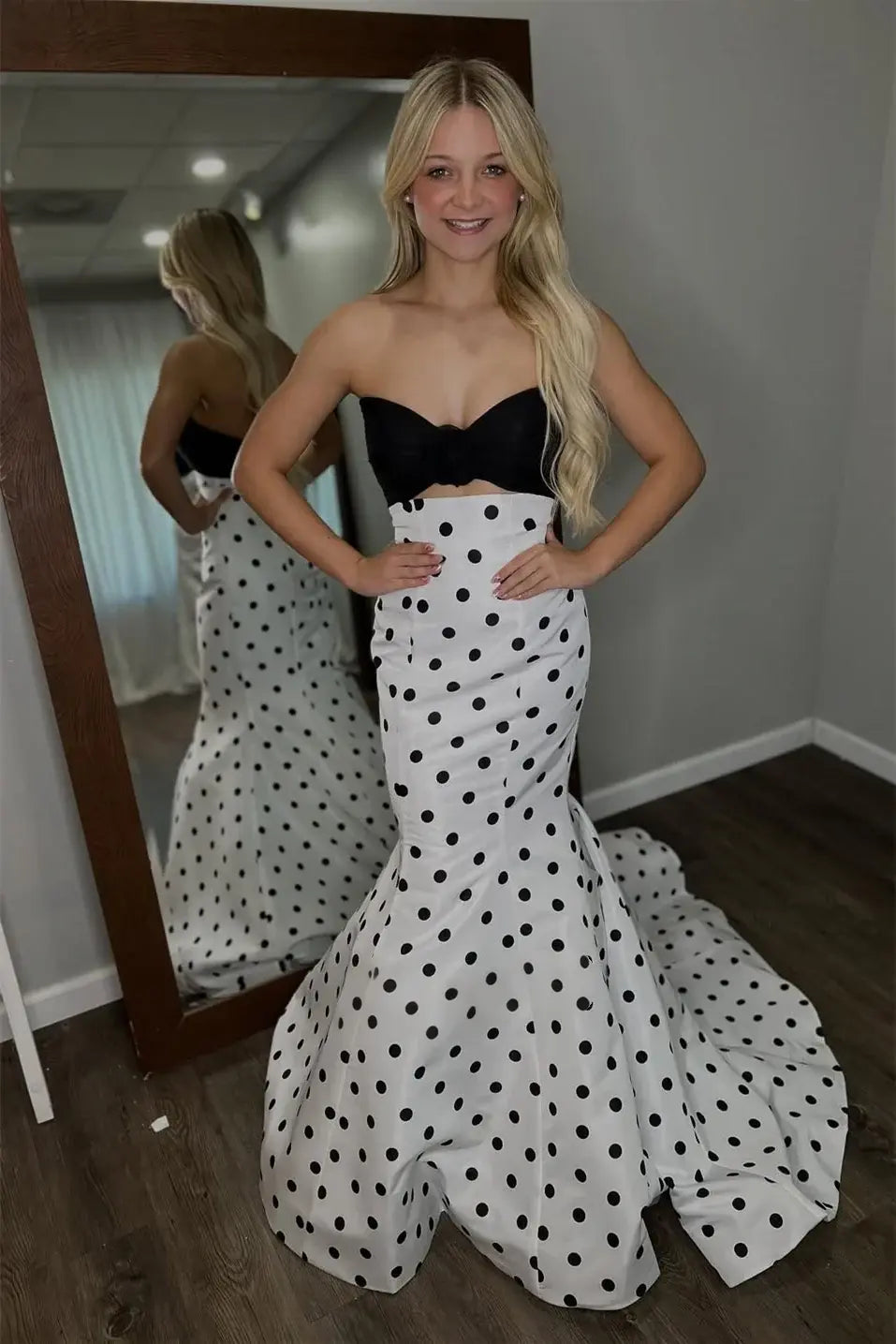 Hot Polka Dot Prom Dress Mermaid Strapless Long Formal Gown