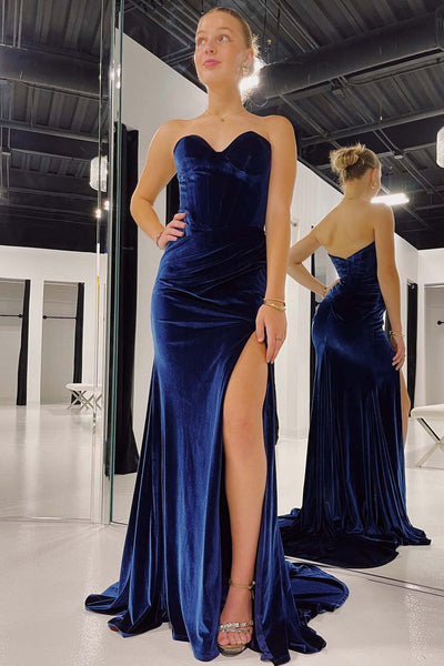 blue velvet dresses for sale Zapaka Women Dark Blue Velvet Prom Dress with Slit Long Sleeves Bodycon Formal Dress, Dark Blue / XS