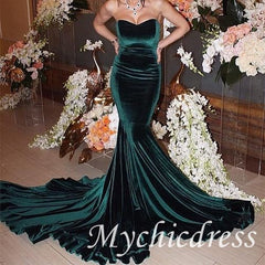 Hot Emerald Green Velvet Prom Dresses Straples Mermaid Evening Dress UK