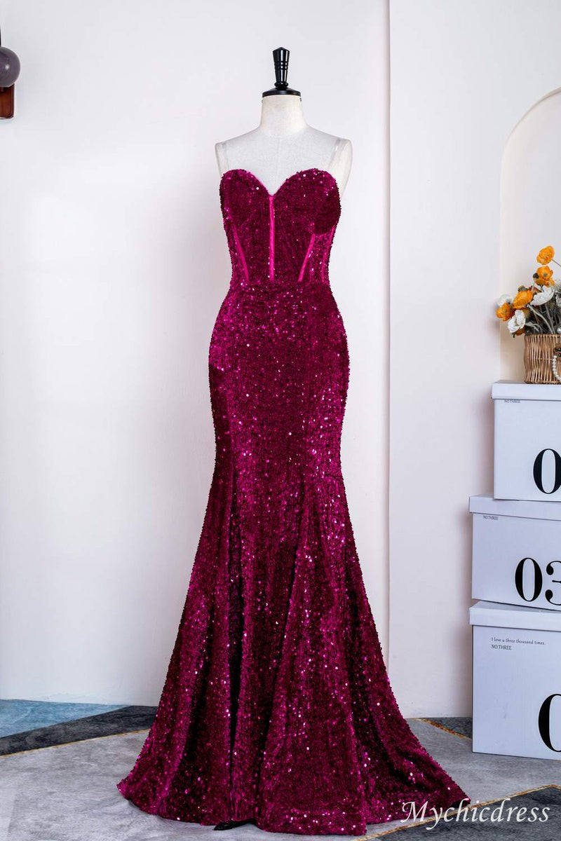 Hot Fuchsia Sequin Mermaid Prom Evening Dresses Magenta Sweetheart - MyChicDress