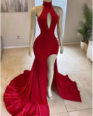 Hot Long 2024 Red Prom Dress High Neck Satin Mermaid Evening Dress UK Split