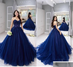 Hot 2024 Navy Blue Quinceanera Dresses For 15 Party  Lace Applique Tulle Prom Dress