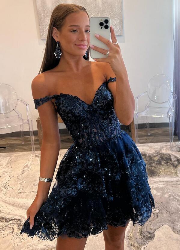 Navy Blue Corset Sequin Prom Dress