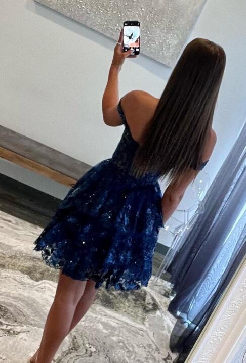 Hot Navy Blue Tulle Sequin Prom Dress Short Sheer Corset Bodice - MyChicDress