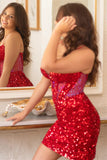 Hot Red Sequin Homecoming Dress Straps Tight with Hotfix Rhinestone