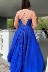 Hot 2024 Royal Blue Lace Applique Prom Dresses A Line Long UK Evening Gown