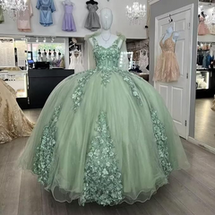 Hot Sage Green Quinceanera Dresses Ball Gown 3D Flowers Sweet 15 Dress