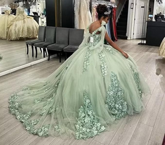 Hot Sage Green Quinceanera Dresses Ball Gown 3D Flowers Sweet 15 Dress
