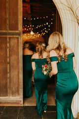 Hot Satin Off the Shoulder Emerald Green Bridesmaid Dresses Online