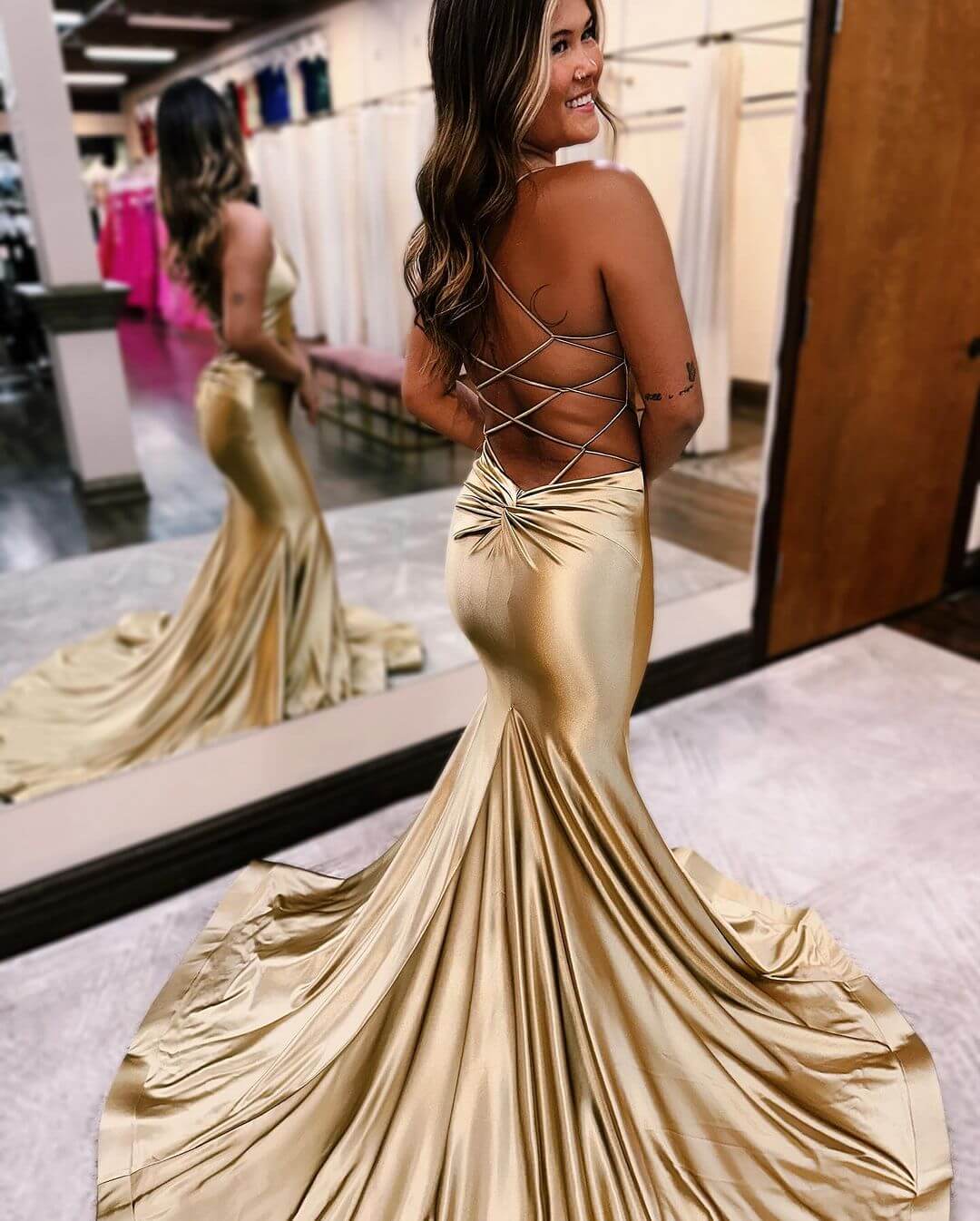Hot Simple Gold Prom Dresses 2024 Satin Mermaid Formal Dress - MyChicDress
