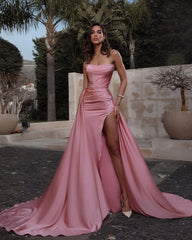 Hot Strapless Long Evening Gowns Uk Sleeveless Pink Prom Dress Detachable Skirt