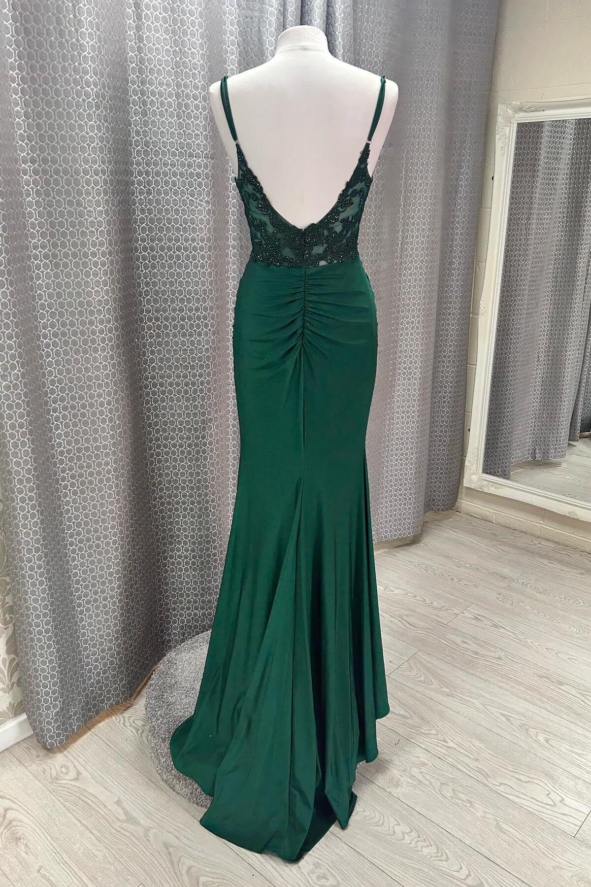 Hot V Neck Dark Green Prom Dresses Mermaid Straps Appliques - MyChicDress