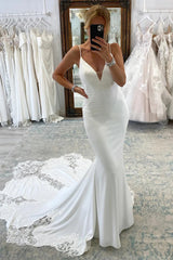 Hot White Satin Lace Wedding Dresses V Neck Mermaid Dress