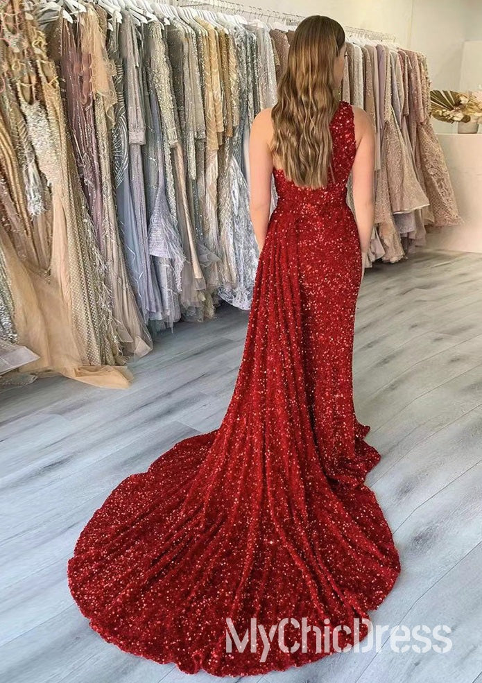 Hot Mermaid One Shoulder Red Prom Dresses Sequin Train