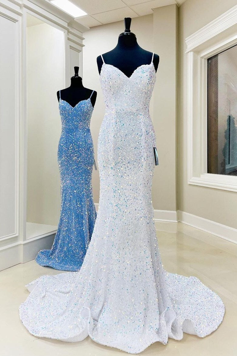 Iridescent Sequin White Prom Dresses Mermaid Long Formal Dress Spaghetti Straps - MyChicDress