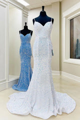 Iridescent Sequin White Prom Dresses Mermaid Long Formal Dress Spaghetti Straps - MyChicDress