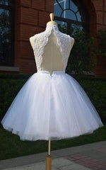 Knee-Length Lace Wedding Dress High neck Tulle Beading - MyChicDress