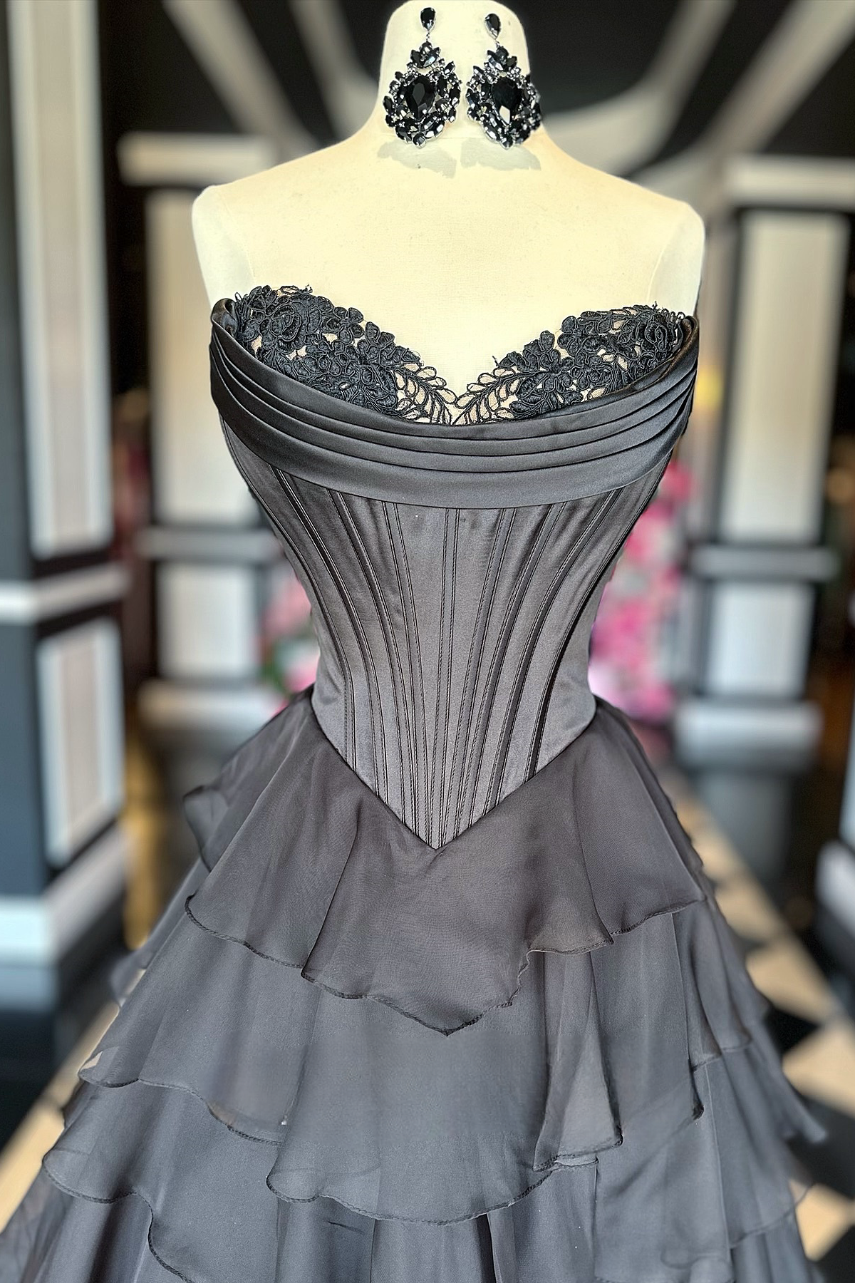 Black Lace Chiffon Tiered prom Dress Strapless with Ruffles