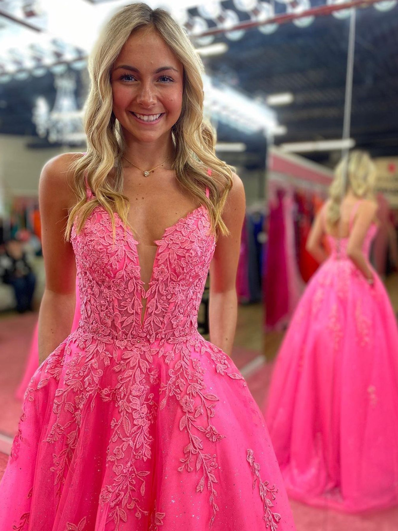 Lace Pink Long Prom Dresses V Neck A Line Evening Dress UK - MyChicDress