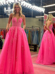 Lace Pink Long Prom Dresses V Neck A Line Evening Dress UK - MyChicDress