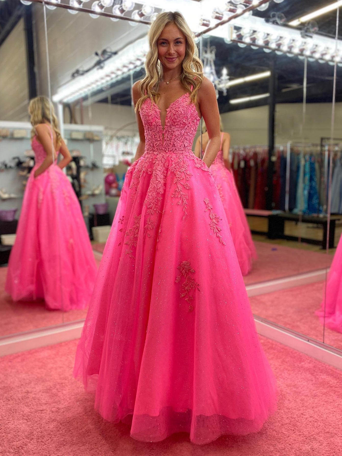 Lace Pink Long Prom Dresses V Neck A Line Evening Dress UK – MyChicDress