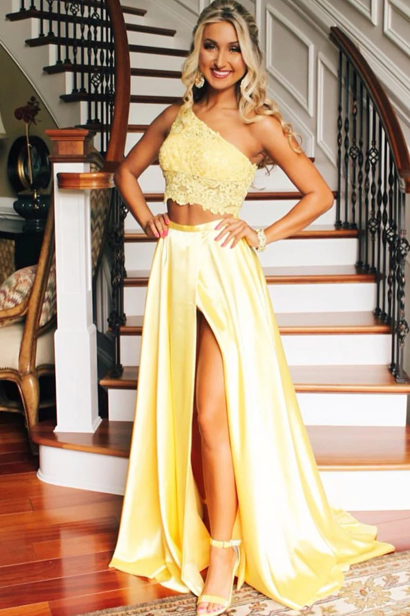 Lace Yellow 2 Piece Prom Dresses
