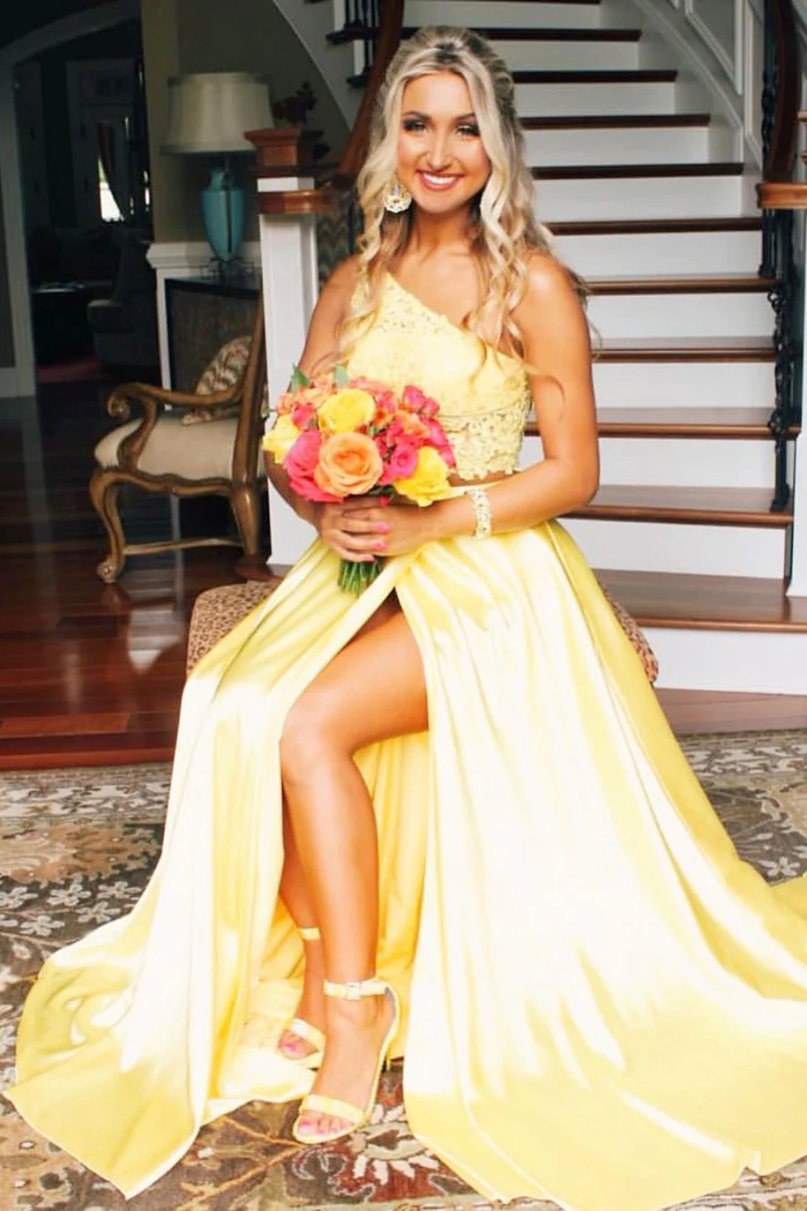Lace Yellow 2 Piece Prom Dresses One Shoulder with Slit - MyChicDress
