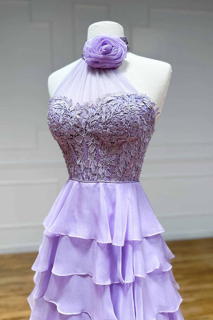 Lavender V-Neck Ruffle Tiered Long Prom Gown main image 1