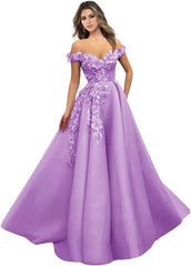 Princess Off-The-Shoulder Flower Prom Dresses A-line Appliques Long Evening Gown
