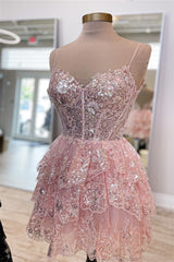 2024 Lavender Short Prom Dress Sequined Multi-Layers Tulle Homecoming Dress