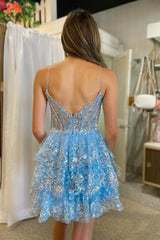 2025 Lavender Short Prom Dress Sequined Multi-Layers Tulle Homecoming Dress - MyChicDress